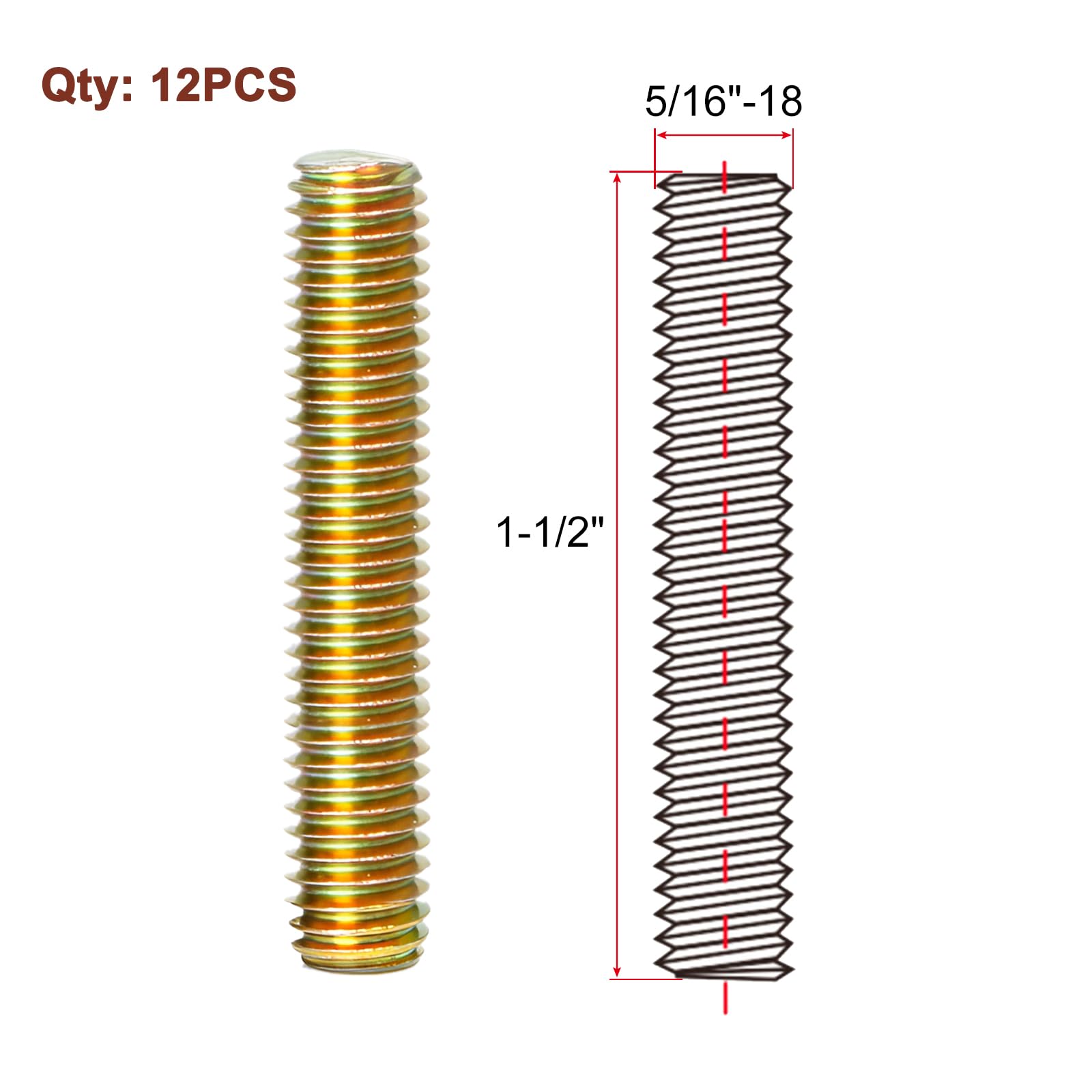 HiPicco 5/16" x 1-1/2" Fully All Threaded Rod Studs - Image 2