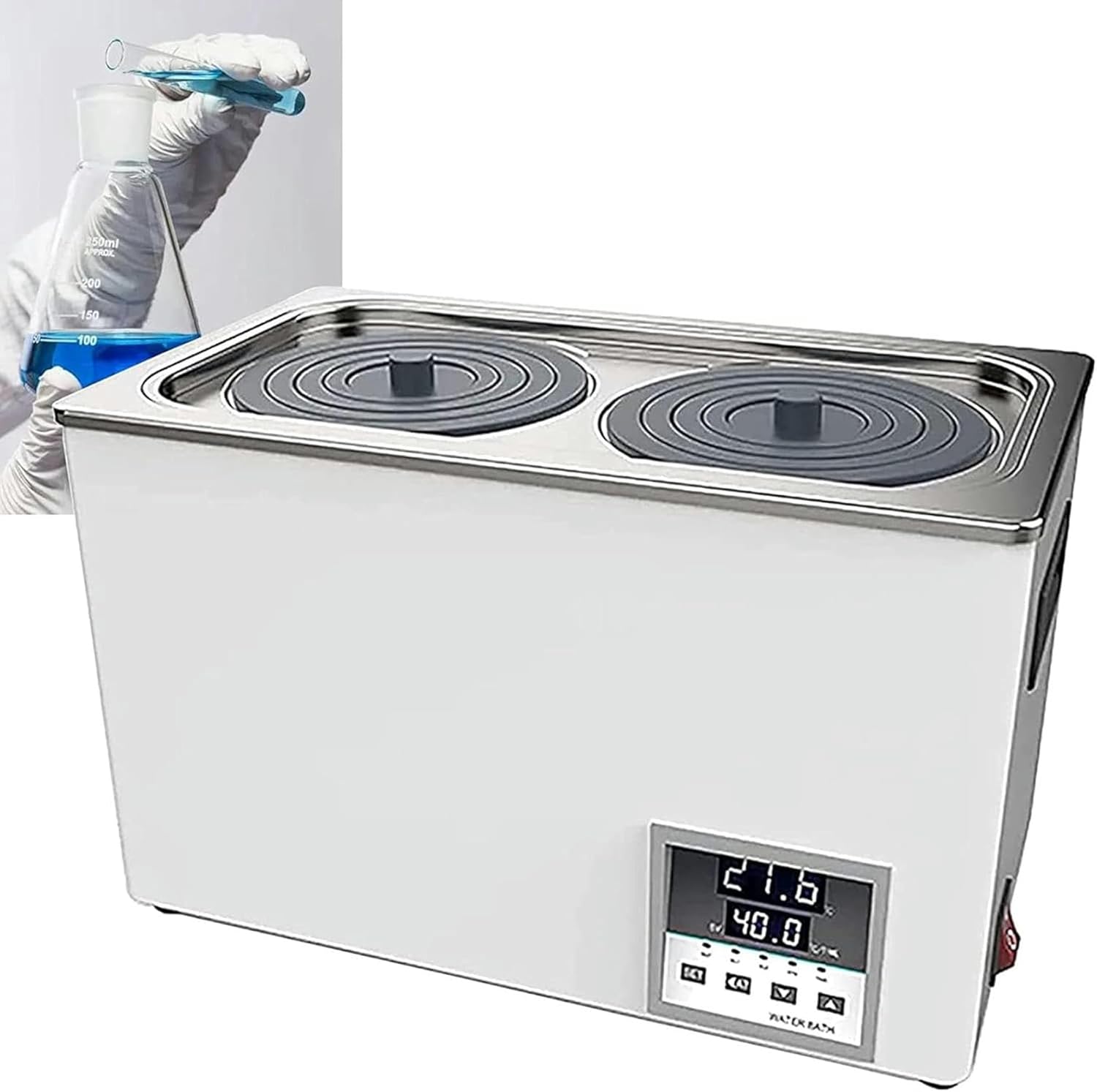 AMNOOL Double Hole Digital Constant Temperature Water Bath Laboratory, 0-999 Minute Timer, Stainless Steel Inner Tank Electric Heater, Porous Constant Temperature Water Bath, RT 5-99