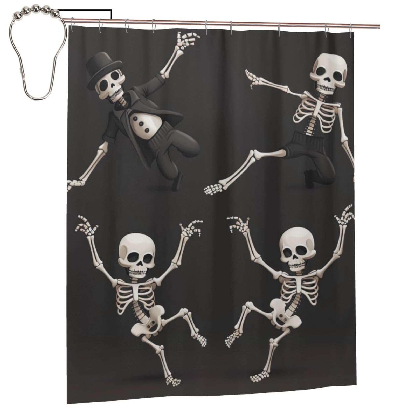 BWWHCCTI Cute Skeleton Dancing Printed Shower Curtain With 12 Iron Hooks Opaque Quick Drying Waterproof Shower Curtains Sets For Bathroom 152x183 Cm