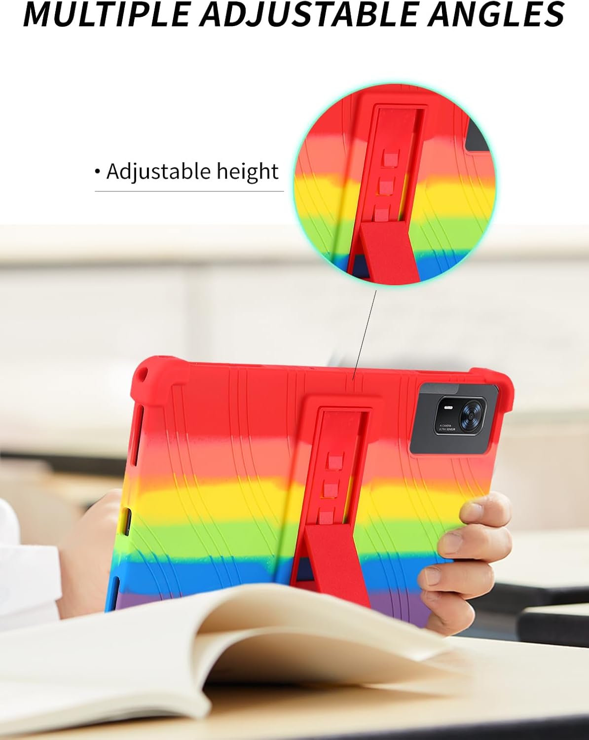 Case for Doogee Tab E3+ Android 15 Tablet 12 inch，WUNIAK Shock Proof Lightweight Stand Rubber Shell Protective Cover,Kids Friendly Soft Silicone Adjustable Stand Cover,Rainbow