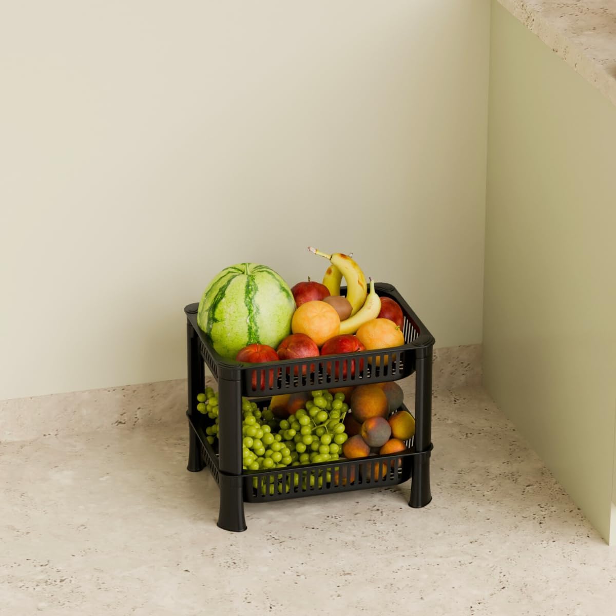 Multipurpose Plastic Storage Rack for Kitchen, Onion Potato Sabji, Fruit Corner Storage Stand Basket, Folding Rack, Countertop Kitchen Organizer Cart, Trolley Rack (2 Layer, Black)