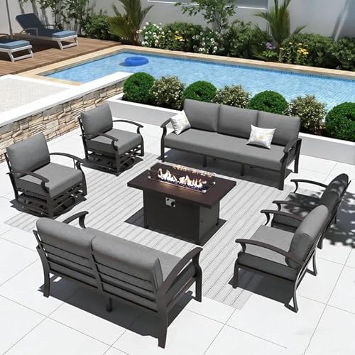 ALAULM Aluminum Patio Furniture Set with Propane Fire Pit Table 9-seat Metal Outdoor Furniture w/Fire Pit Patio Sectional w/5.1" Cushions for Patio, Backyard, Poolside-Grey