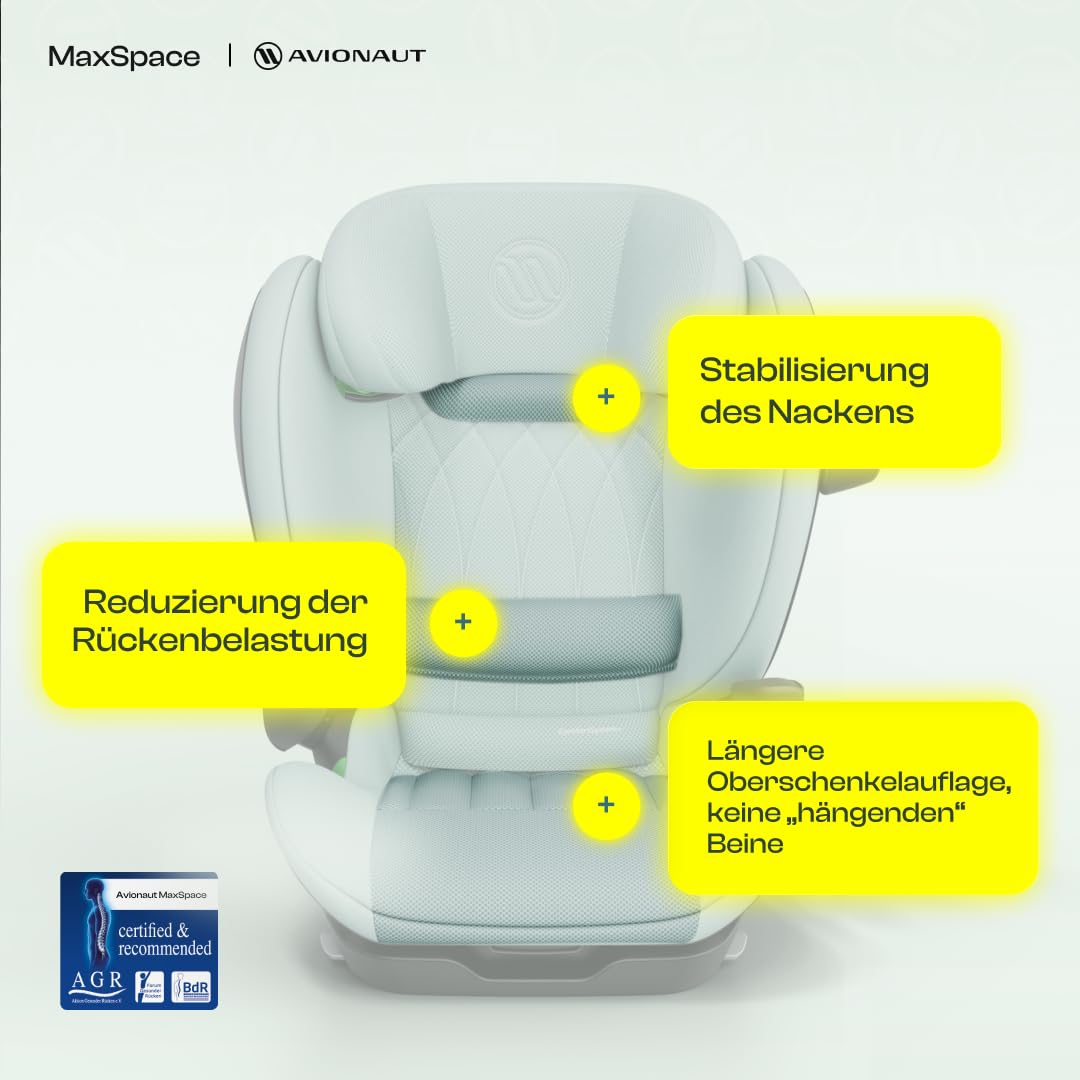 Avionaut MaxSpace AirFlow Comfort System+ Kindersitz 100–150 cm – ergonomisch, sicher & bequem – mit verstellbarer Rückenlehne – ideal zum Schlafen und für lange Autofahrten (Grey)