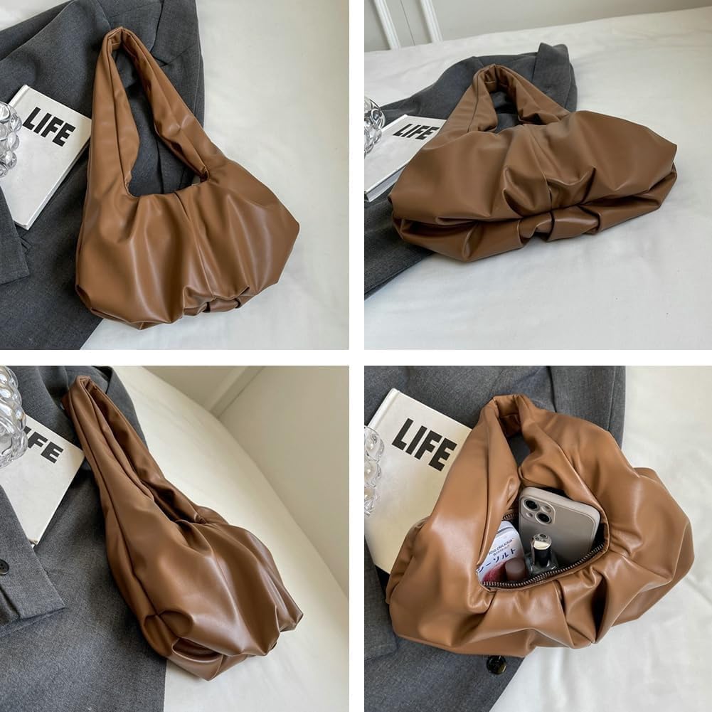 Vegan Leather Shoulder Bags for Women Trendy Pleated Handbag Small Tote Purse Ladies Top Handle Satchels