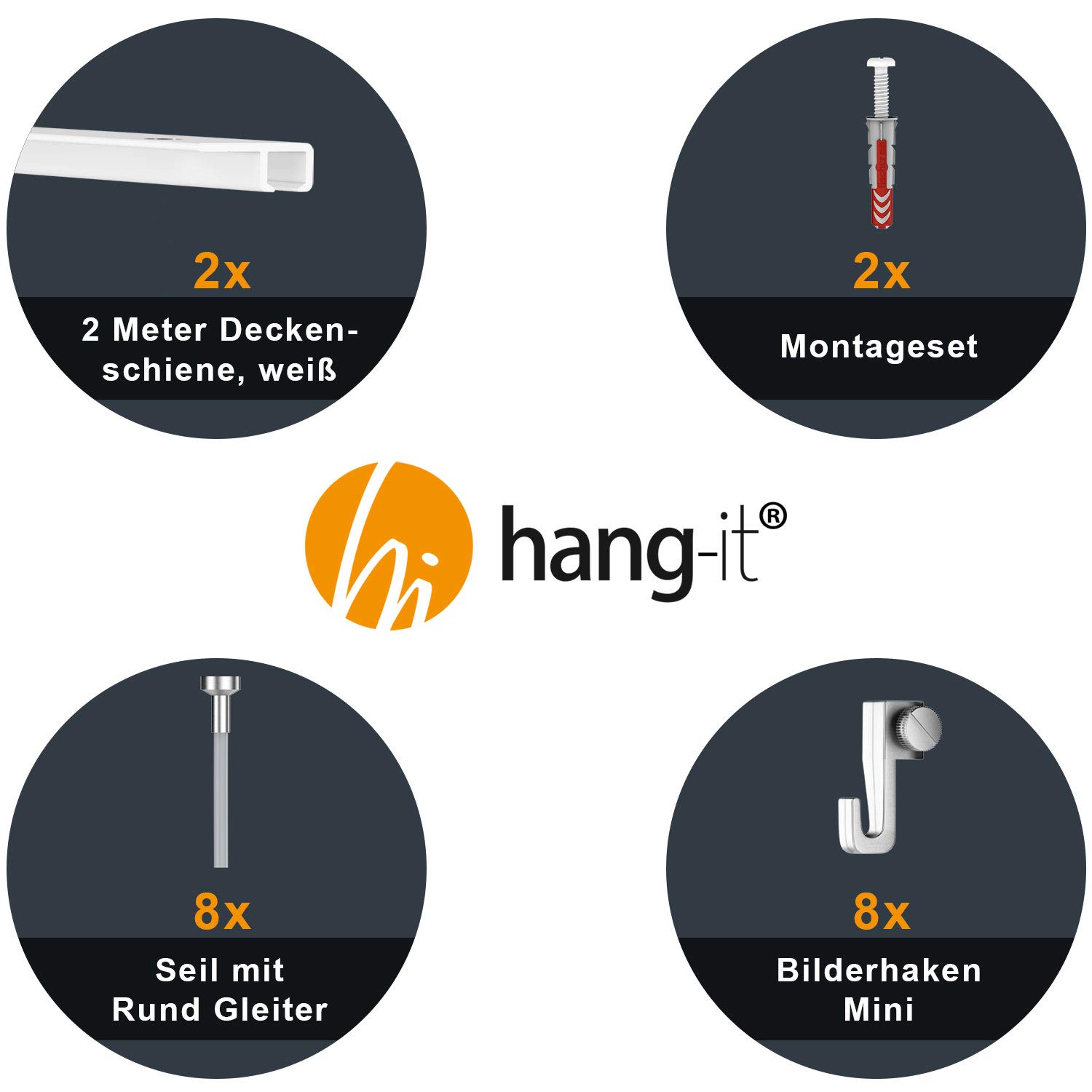 hang-it 4 Meter Deckenschienen - Galerieschienen - Bilderschienen Komplett Set 2 x 2m