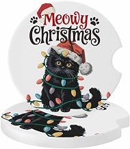 Merry Christmas Car Coaster, Black Cat with Red Hat Color Light Xmas Absorbent Ceramic Coasters for Car, 2 Pcs Coasters for Auto Cupholder Accessories Keep Vehicle Clean 2.56inch