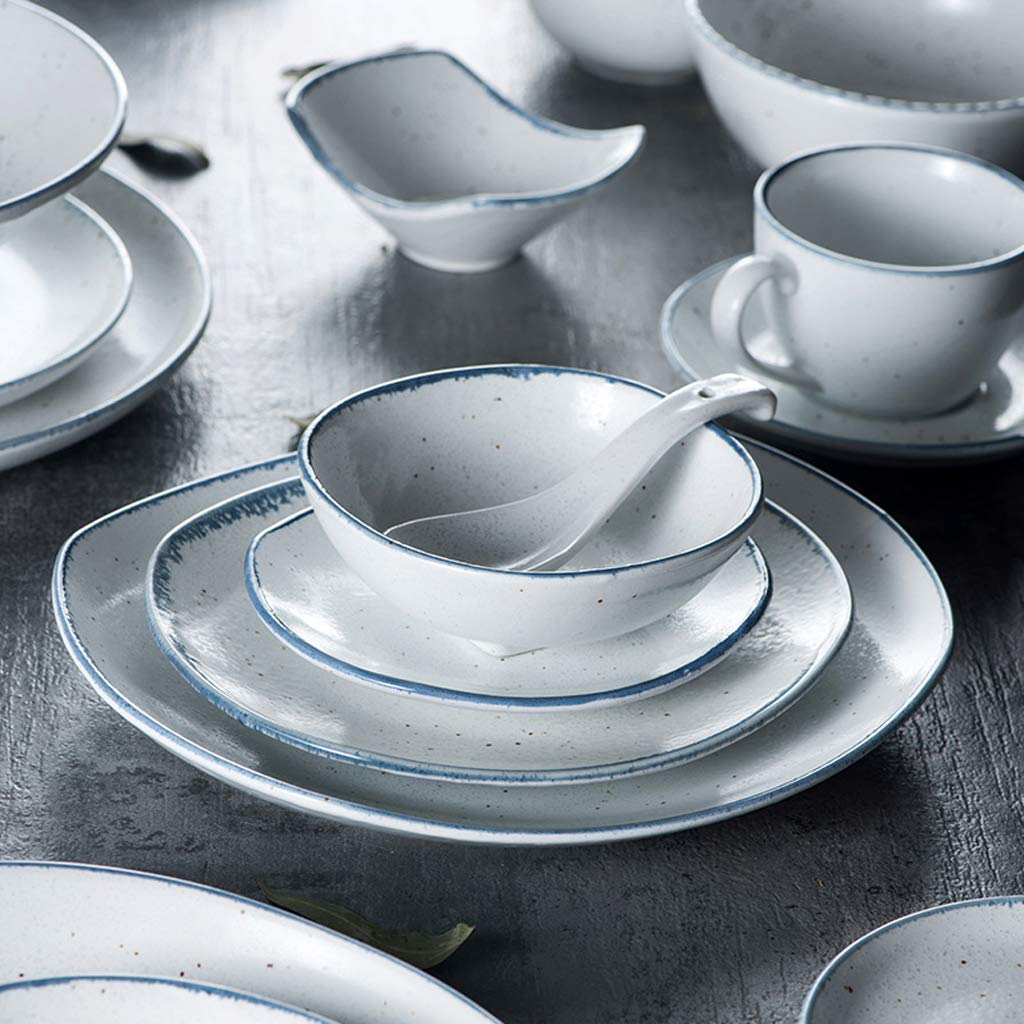 Porzellan-Geschirr-Set, Teller Keramik-Geschirr-Set, Sesam-Glasur-Punkt, 53-teiliges Teller- und Schalen-Set/Blauer Rand, Mattes Porzellan-Abendessen Küche, Haushalt & Wohnen