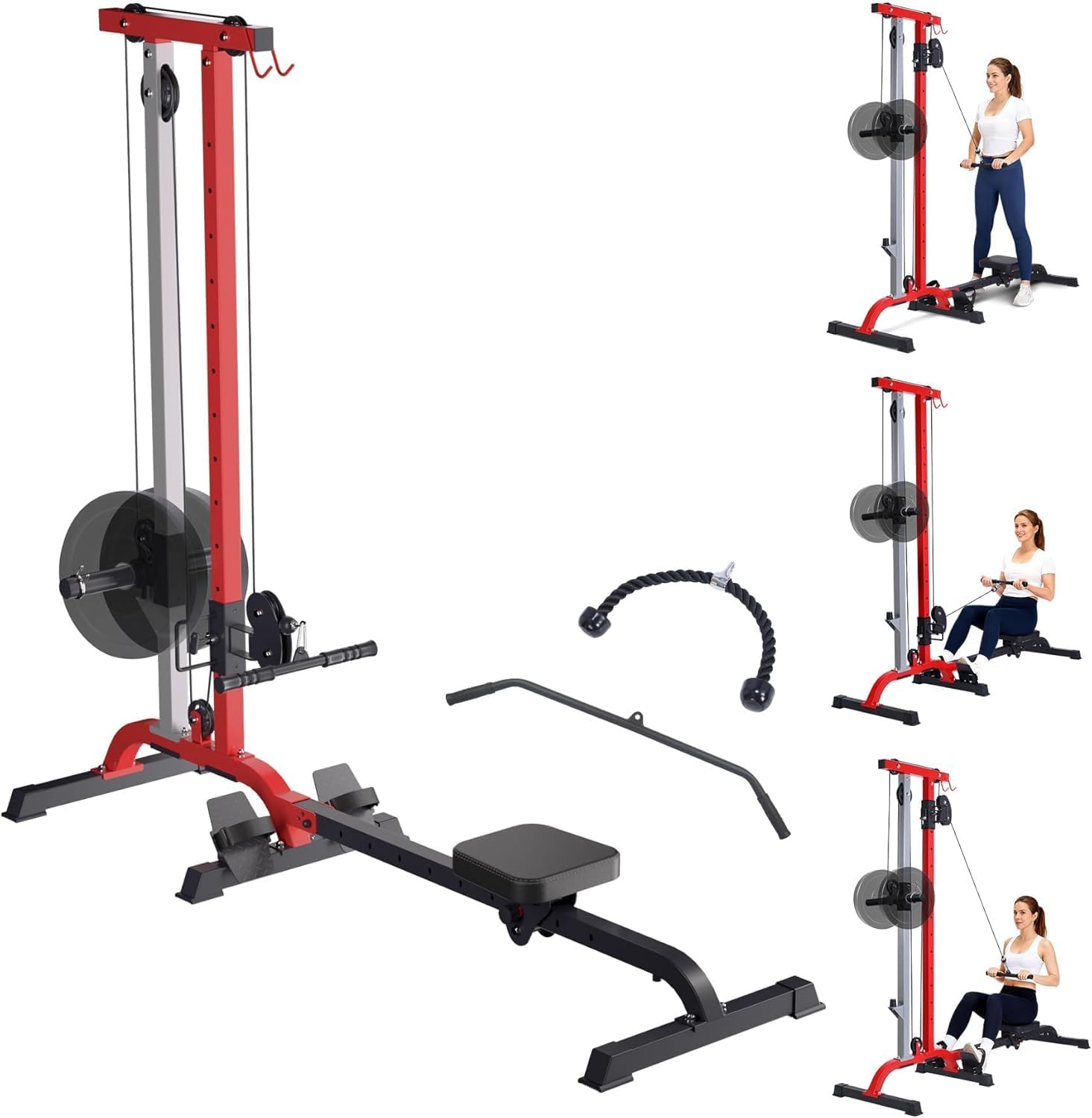 2 in 1 Rowing & Cable Machine Adjustable LAT Pull Down and Low Row Cable Machine with High and Low Pulley Stations, Multi-Function Compact Rowing Machine for Home Gym