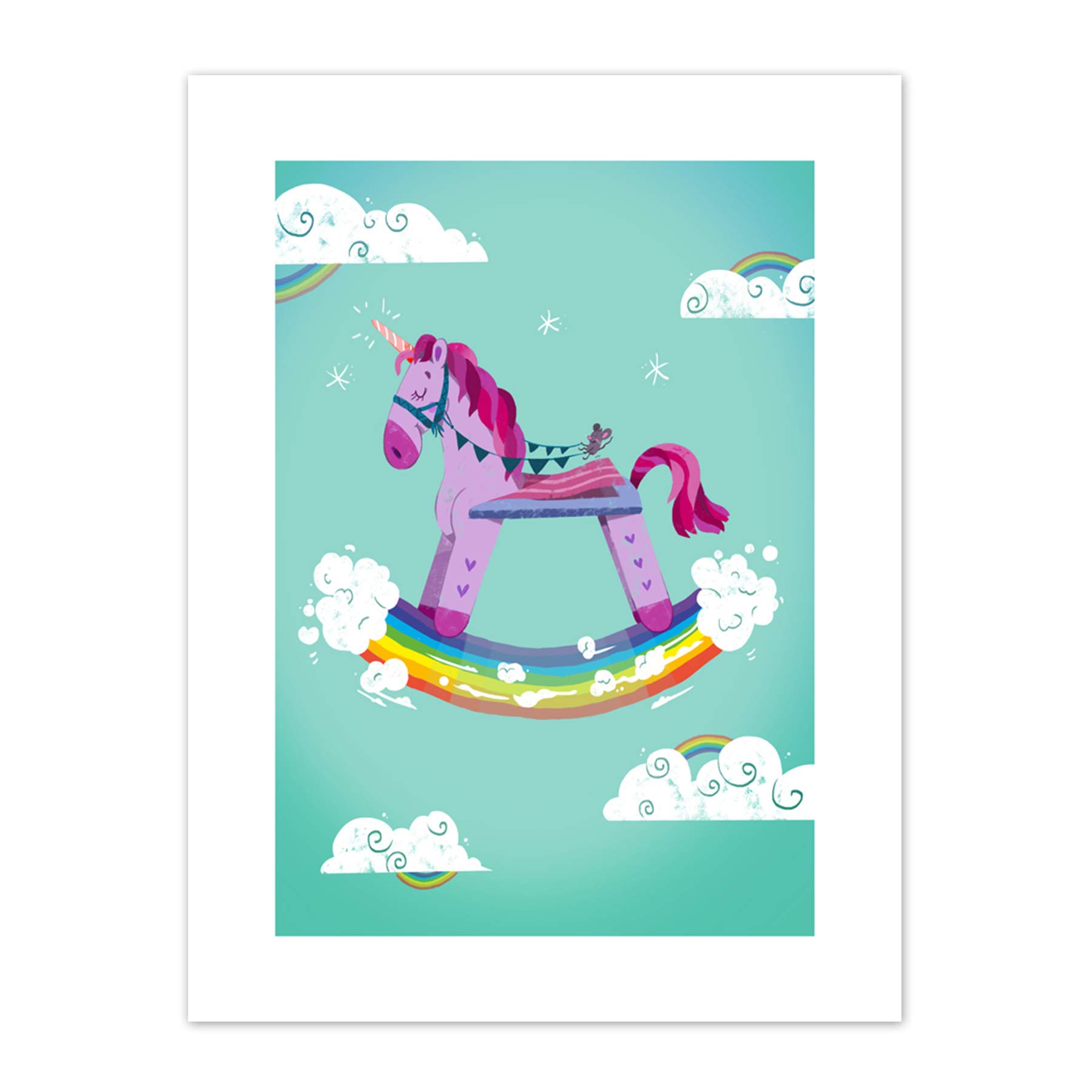 Wee Blue Coo Rocking Unicorn Rainbow Canvas Art Print