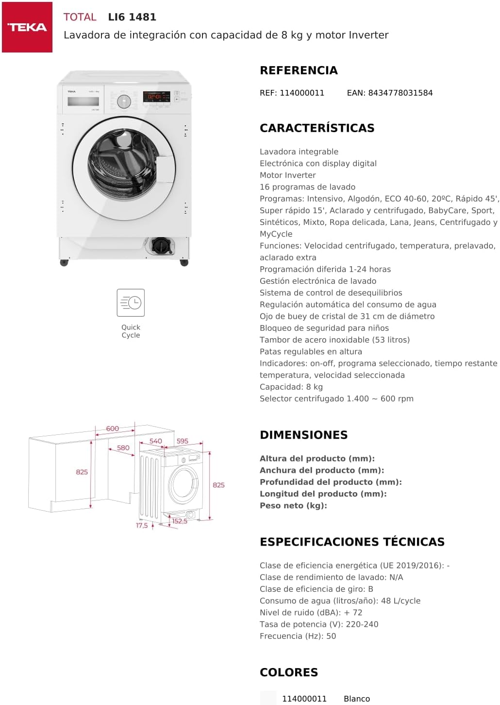 Teka Li6 1481 Washing Machine specifications sheet
