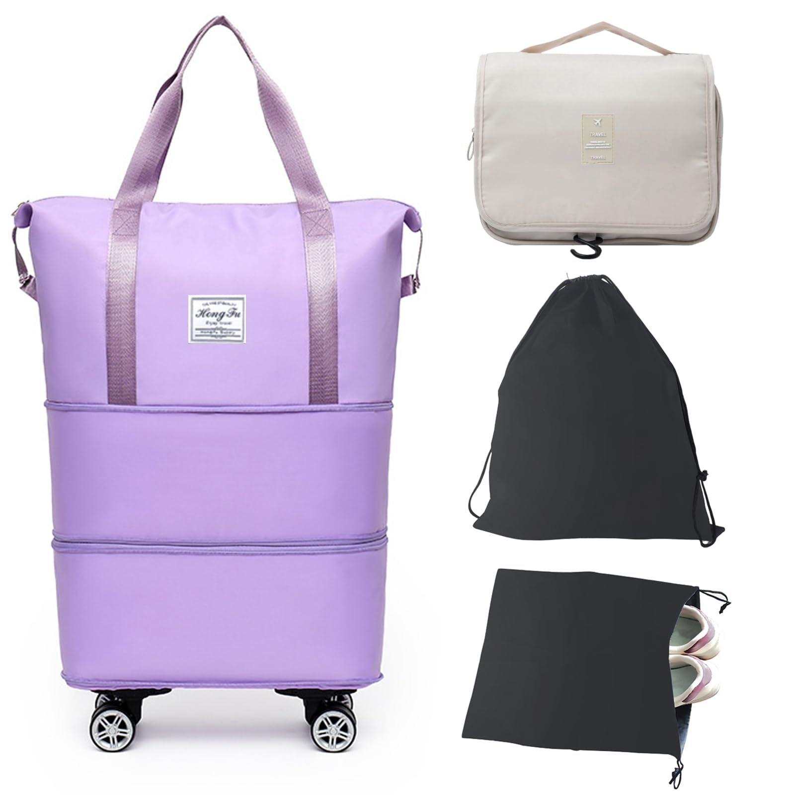 Barsine Rolling Duffle Bag with Wheels, Large Expandable Tote Bags for Weekend Overnight Carry On Wheeled Duffel with Travel Essentials Bag, Purple