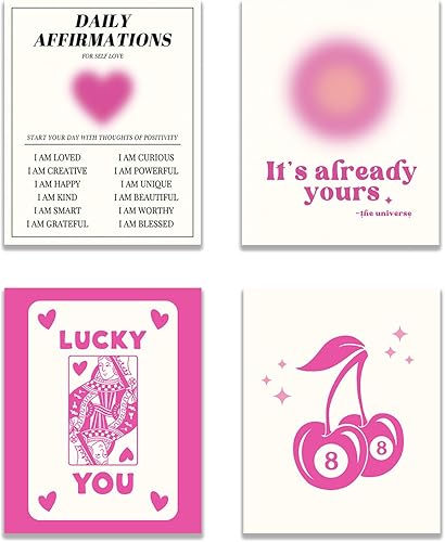 KEUSPI Póster retro de moda Y2K Pink Gradient Aura Daily Aura Lucky You 8 Ball Queen Cherry Preppy Impresiones para decoración de dormitorio,