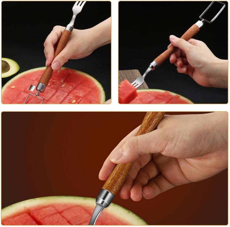 2 in 1 Watermelon Fork Slicer with Wooden Handle, Stainless Steel
