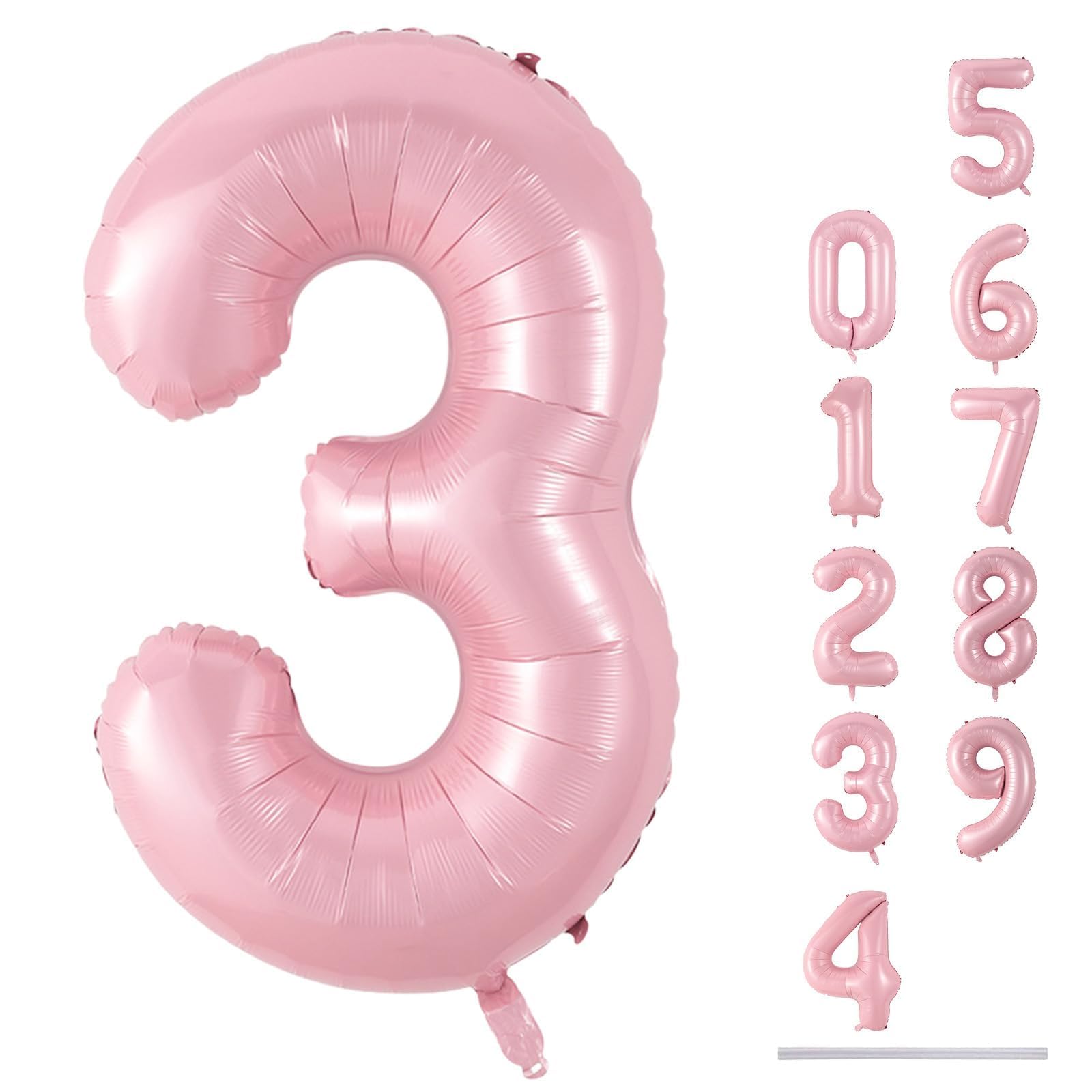 Pastel Pink Number 3 Balloon, 40 Inch Giant Pearl Light Pink Helium Foil Number 0-9 for Girls, Self Inflating 3rd Birthday Balloon for Women Anniversary Baby Shower Princess Party Decorations Supplies