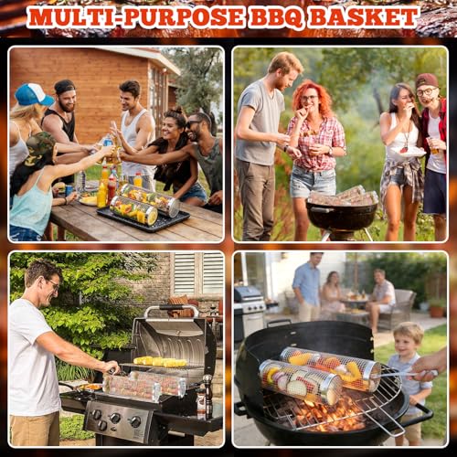 YGVQN Rollender Grillkorb 2er Set, Edelstahl 304 BBQ-Korb mit Halterung & Reinigungsbürste, für Gemüse, Pommes, Fisch, Tragbares Grillzubehör für Gasgrill, Holzkohlegrill, Camping, Geschenk für Papa
