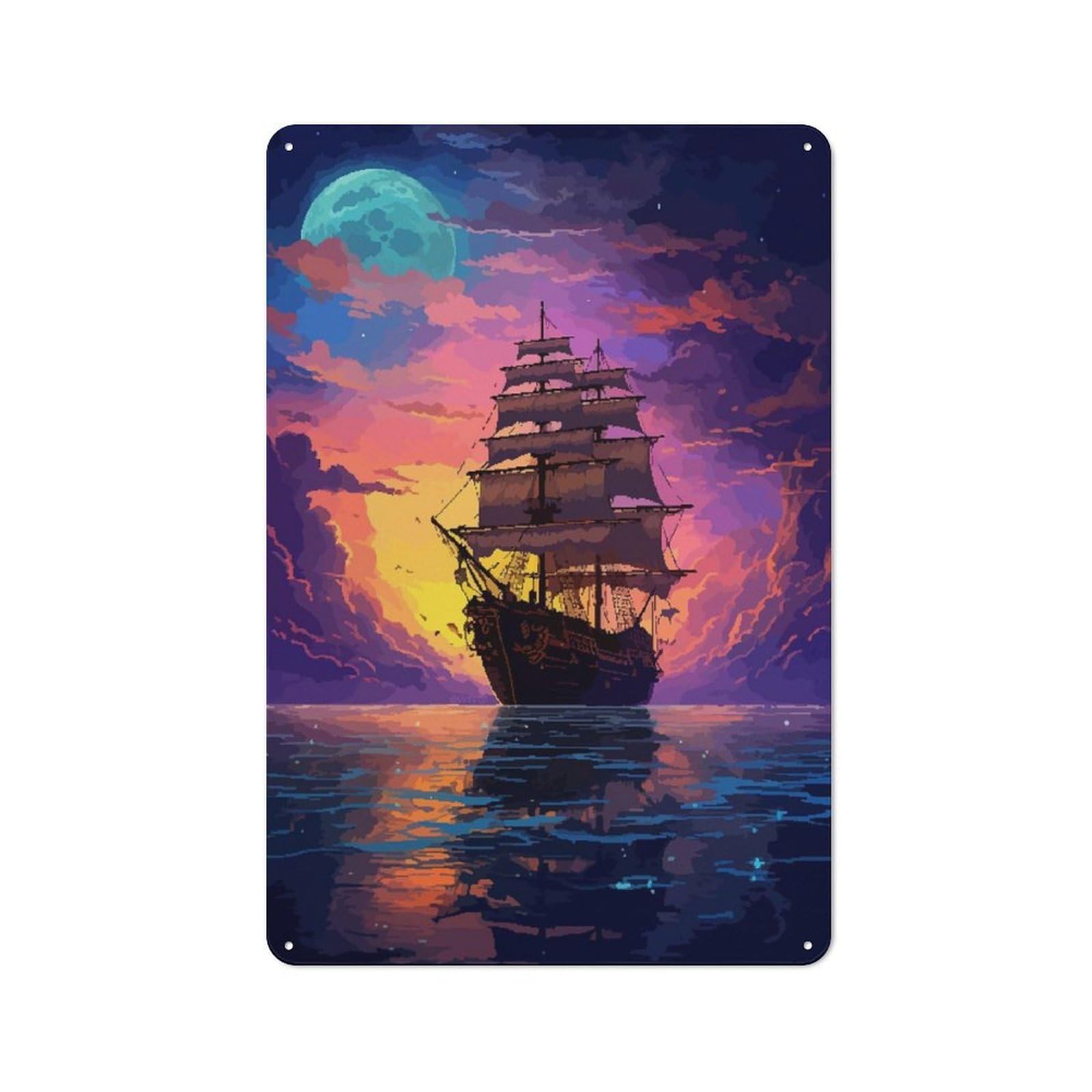 Junmoney Sunset Sea Ship Pixel Art Vintage Tin Sign 30X20cm With For Living Room Or Hallway, Gift Idea At Christmas For Home Wall Decor Collectors