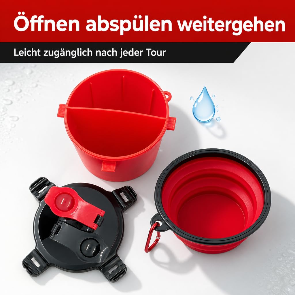Contenitore per cani da viaggio, con 2 camere separate per acqua e cibo secco e ciotola pieghevole in silicone, 800 ml, portatile (rosso)