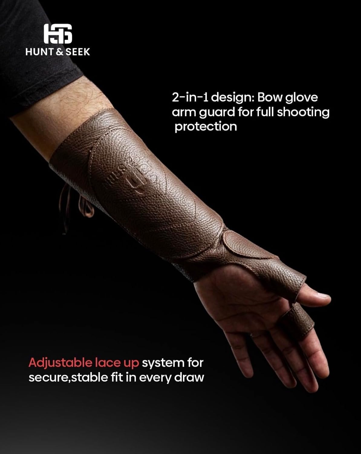 Hunt & Seek Premium Cow Leather Archery Bow Glove & Arm Guard Combo – Adjustable Lace-Up Forearm Protector with Built-in Bow Glove for Traditional Recurve and Longbow Hunting (Brown, Left)