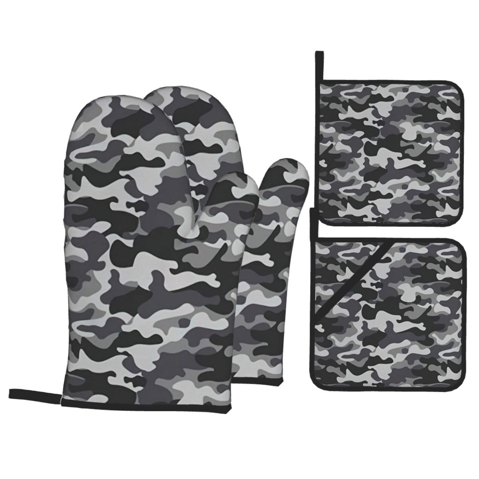 Abstract Camouflage Print 4-Piece Oven Microwaving Set Waterproof Kitchen Gloves for Baking Grilling Cooking