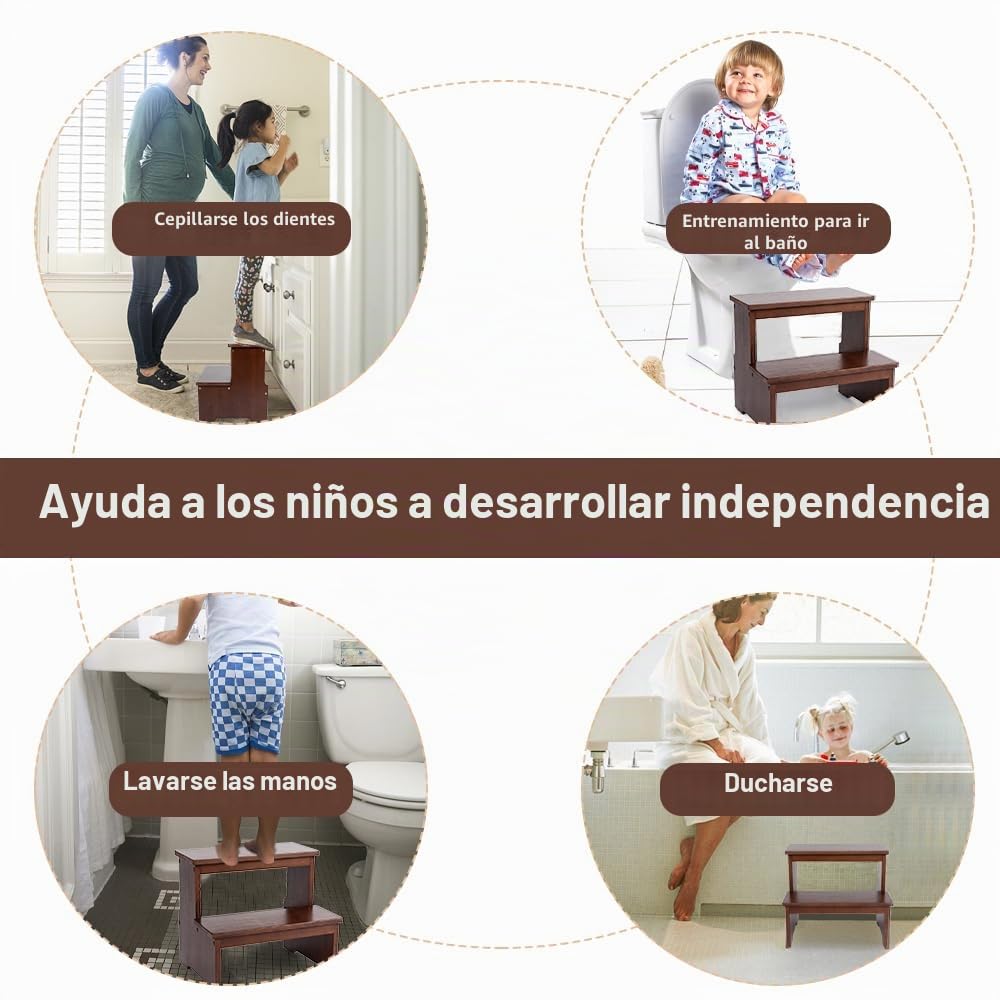 StrongTek Taburete de Bambú 2 Escalones Antideslizante | Escalón doble de bambú resistente con base de goma antideslizante para niños y adultos en baño, cocina o dormitorio