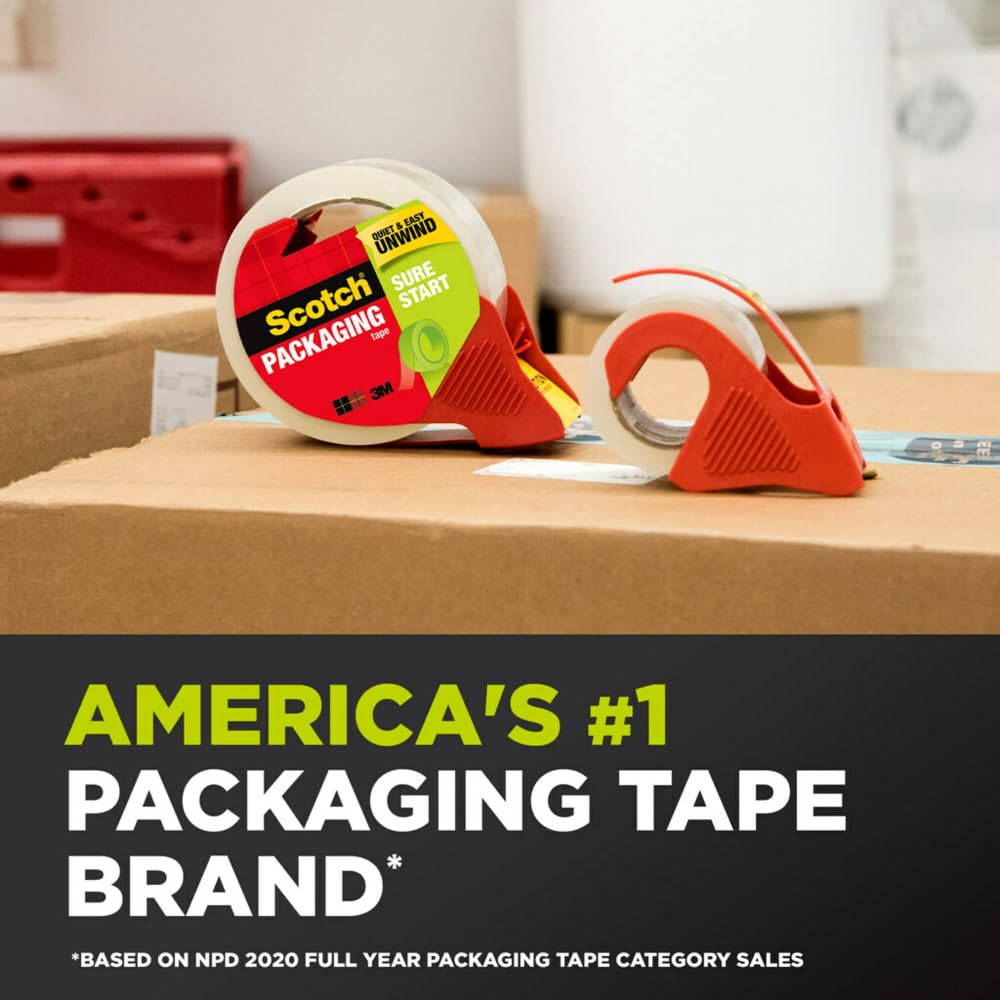 3M 3 M – 34508 – Inicio Seguro de Scotch Cinta de Embalaje Cintas Adhesivas Precintos – 1,88 x 54.60 9,14 m Longitud – 3 Core – Goma sintética Resina – 8Paquete – Claro
