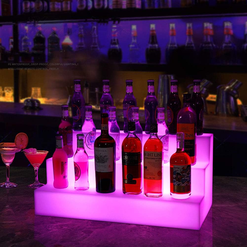 LED Illuminated Home Bar Shelves with Remote Control - 3 Tier Wine Bottle Display Stand for Events and Home Use