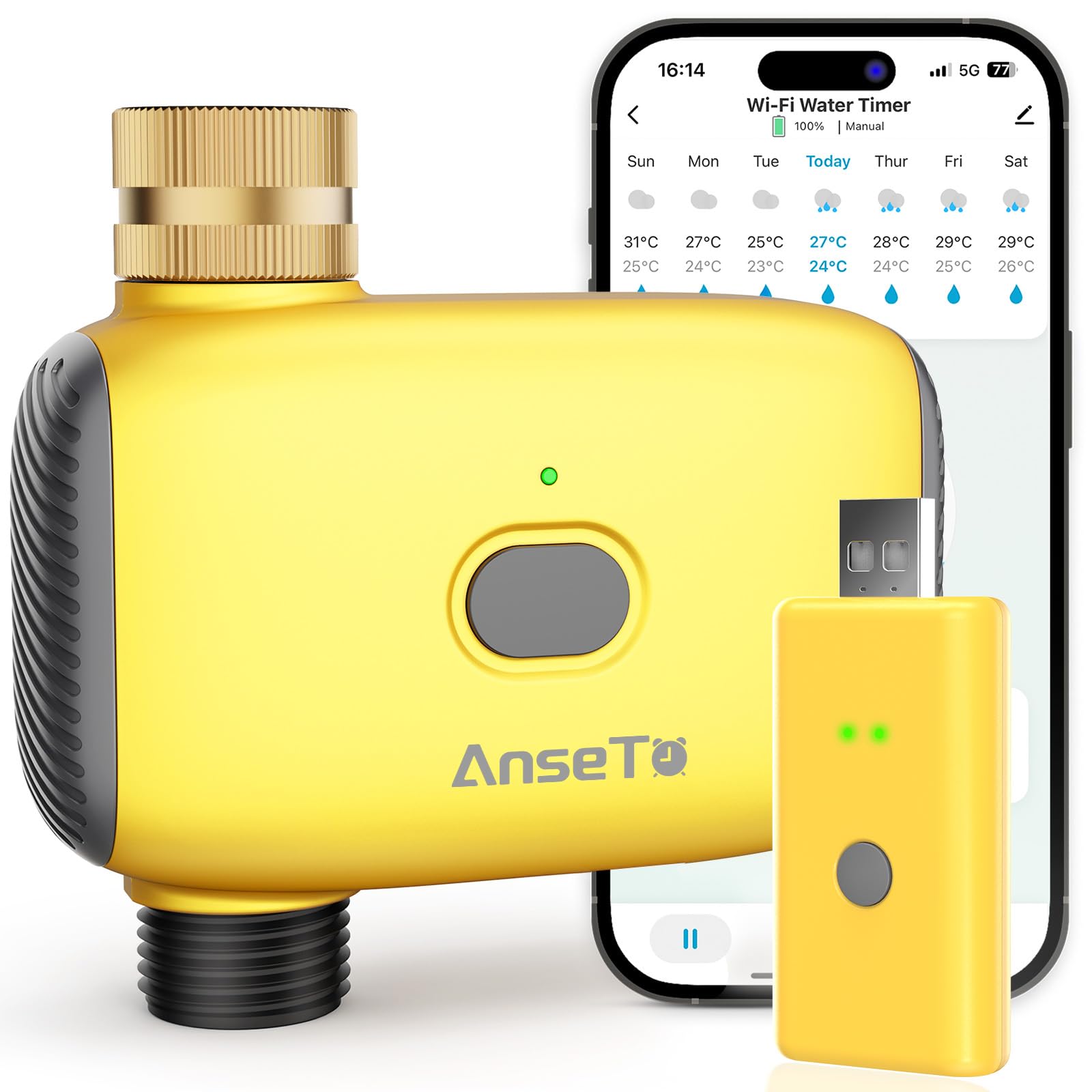 AnseTo WiFi Bewässerungscomputer mit Wassereinlass aus Messing für Garten,Gewächshaus,Rasen,Automatische Zeitgesteuerte Bewässerung Smart Bewässerungssystem mit WiFi-Hub-Fernbedienung,Regenverzögerung