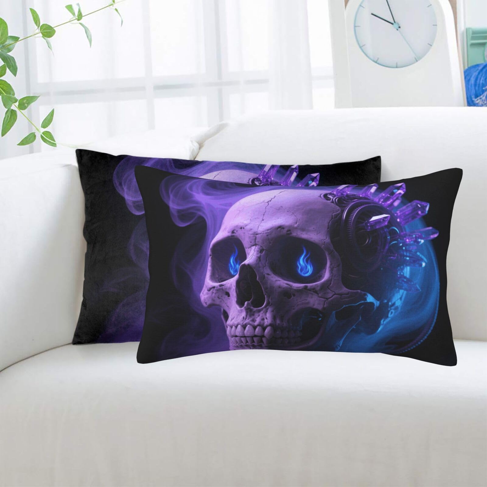 2 Pack Standard Pillowcases Sets, Ultra Soft Comfort Microfiber Plush Pillow Cases Skull Violet Blue Black Decorative Throw Pillow Cover with Hidden Zipper for Bedroom, Sofa, Couch,16"X24"