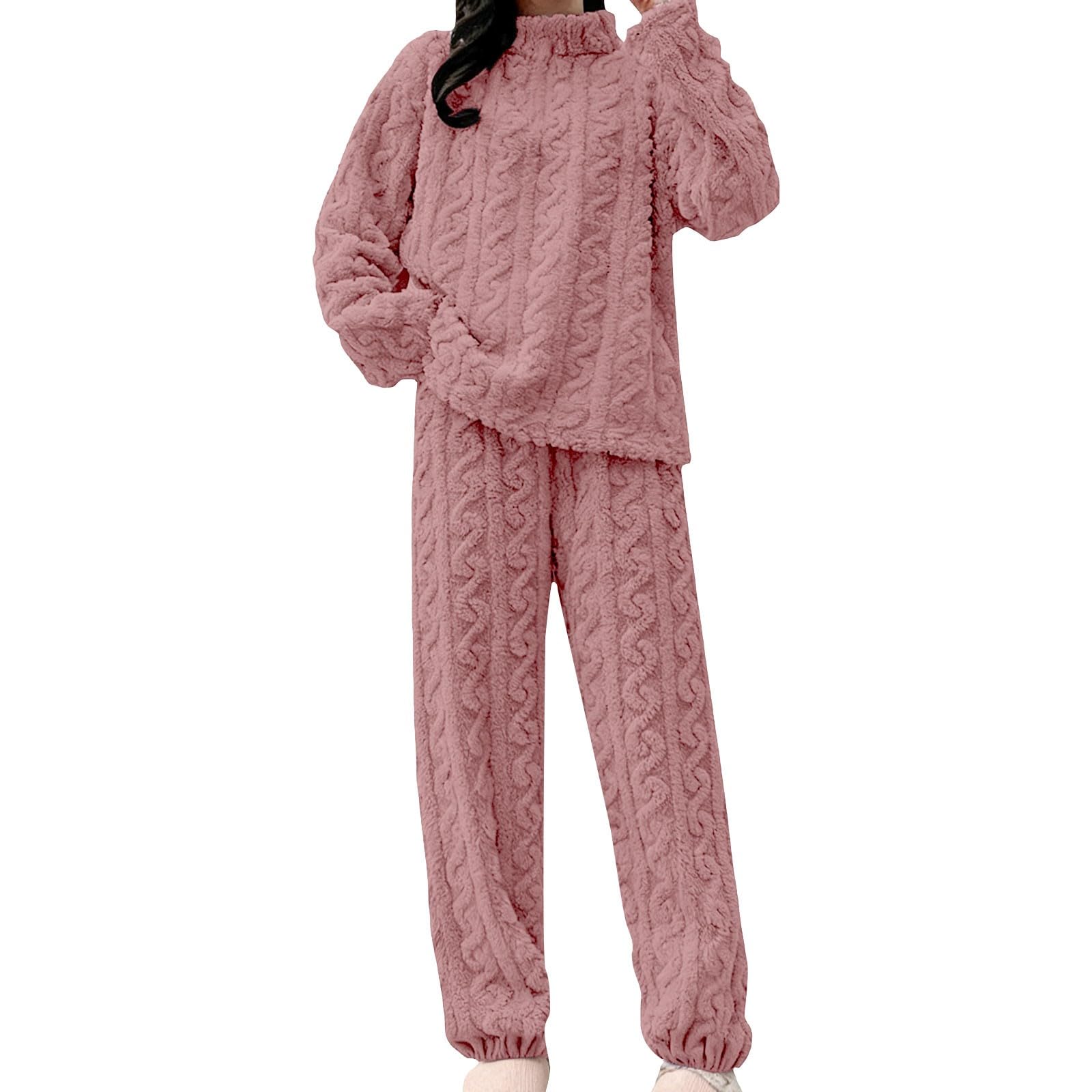 Huispak voor dames, behaaglijk, warm, winter, zonder capuchon, loungewear set grote maten, flanel, fleece, knuffelpak, tweedelig, ronde hals, pyjama, vrijetijdspak, 2 stuks, Z1-roze, Eén maat