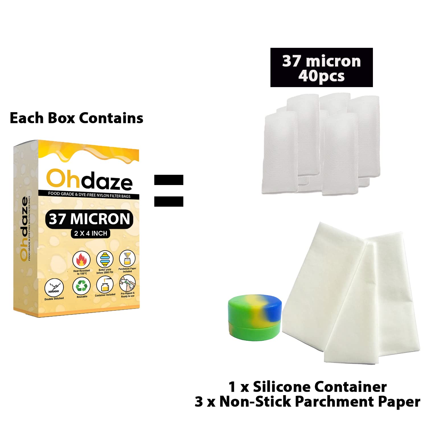 Ohdaze Rosin Micron Press Bags 37 Micron 40 Pack 2 x 4" Filter Press Bags