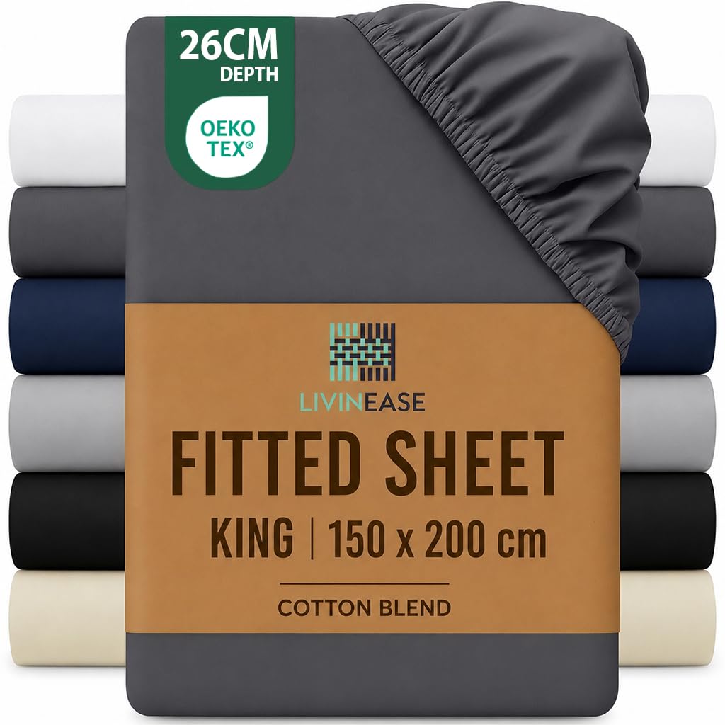 LivinEase King Size Fitted Sheet -10inch(26cm) Deep Cotton Blend Kingsize Fitted Sheets -Bobble Free, Easy Care, Soft and Comfortable Grey King Bed Sheets (Grey, King)