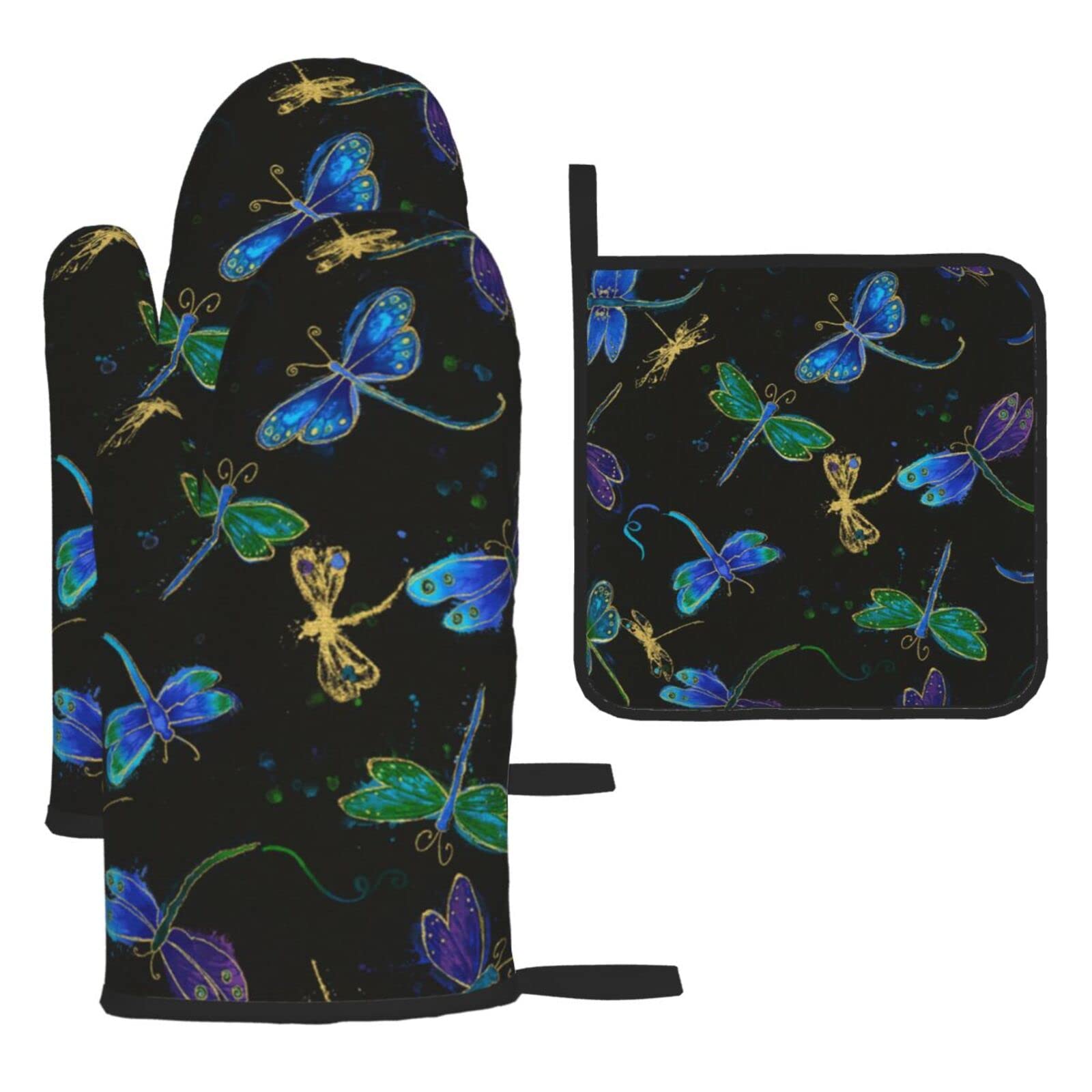 Dragonfly Oven Mitts and Pot Holder Kitchen Set for Grilling, Cooking, Baking, Heat Resistant