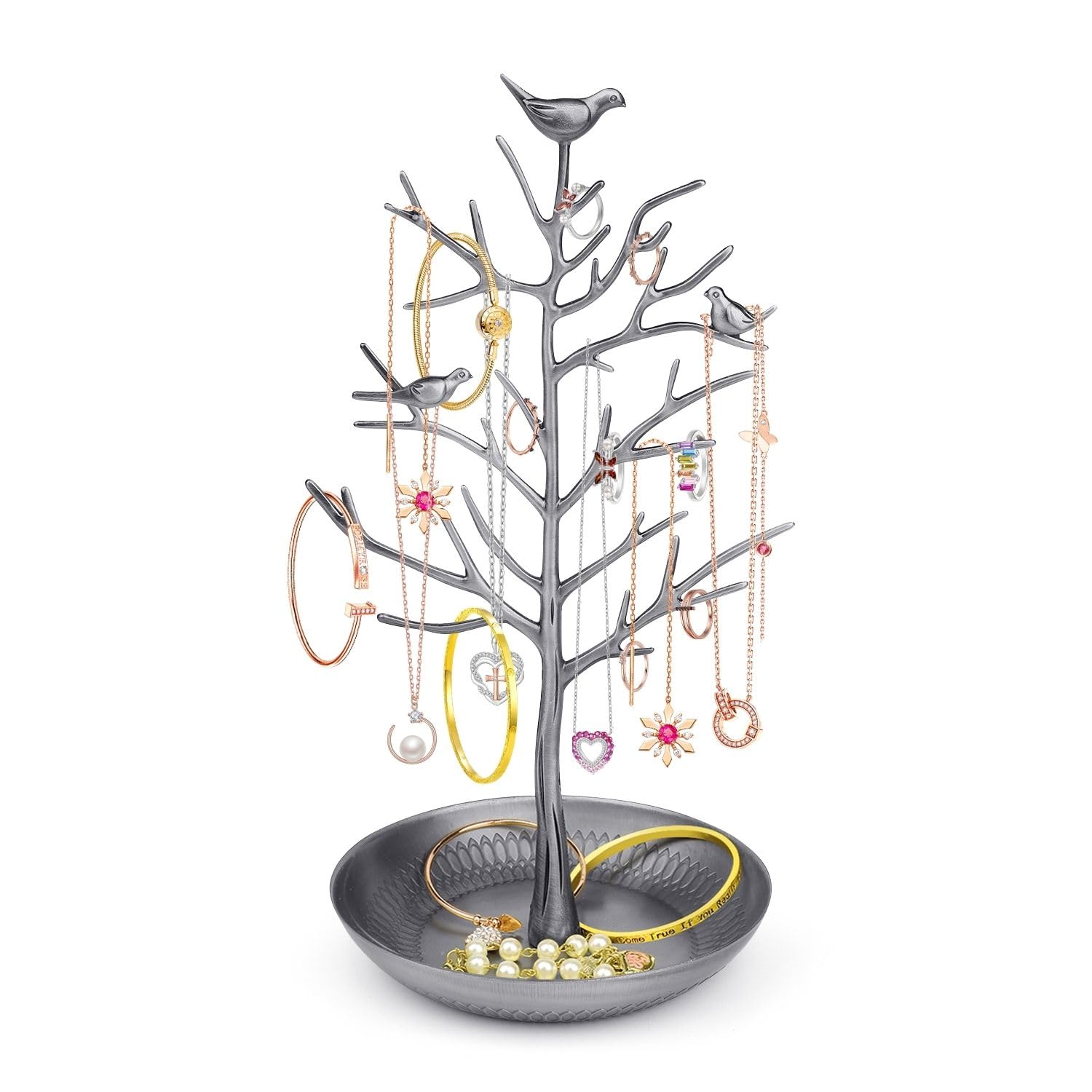 Flexzion Silver Jewelry Display Stand, Earring Necklace Holder Tree Tower Rack Hanging Organizer - Ideal For Bangles Pendants Anklet (Silver)