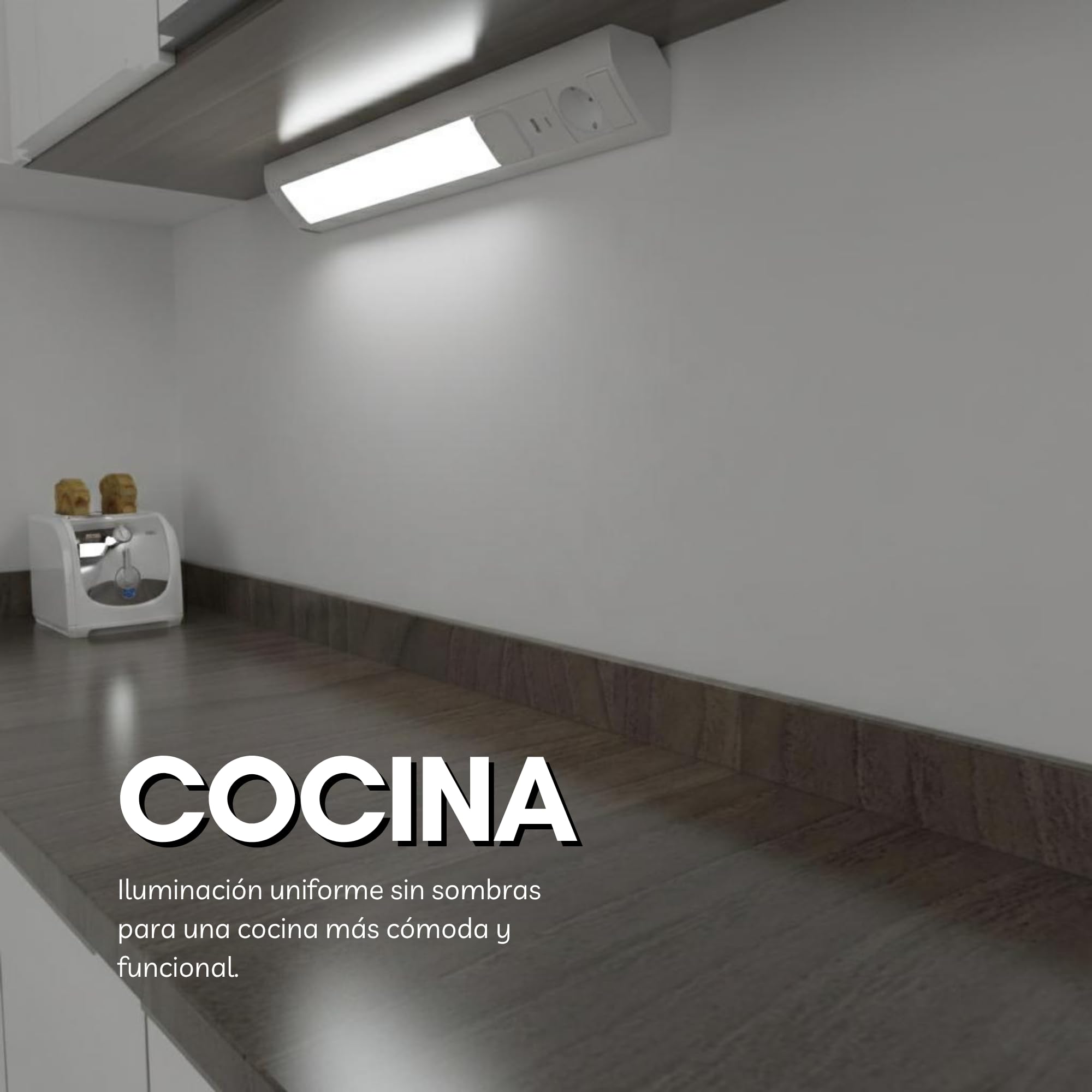 Barra LED Bajo Mueble Cocina con Enchufe Schuko y USB A+C, Regleta LED Bajo Mueble 9W, Barra LED 900lm, Regleta Enchufes para Cocina, Taller, 52 cm, Plata
