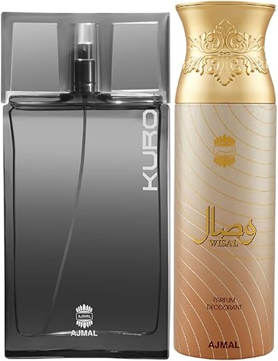 Ajmal Kuro EDP Aromatic Spicy Perfume 90ml for Men and Wisal Deodorant Floral Musky Fragrance 200ml for Women