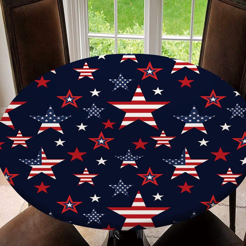 American Flag Fitted Tablecloth Round, July 4th Elastic Edge Table Cover, Polyester Table Pad Cloth for Indoor Outdoor Party Dinner Patio Decor, Tablecloth Size 54"(Fit for 42.2"-46.1" Table), Type 1