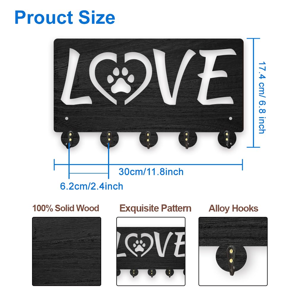 MAYJOYDIY Wooden “Love” Text Key Hook Wall Mounted Paw Print Key Hangers for Wall 30 x 17.4 cm Black Key Holder 5 Alloy Hooks Home Decor Gifts Entryway Kitchen Bathroom Organizer - Image 2