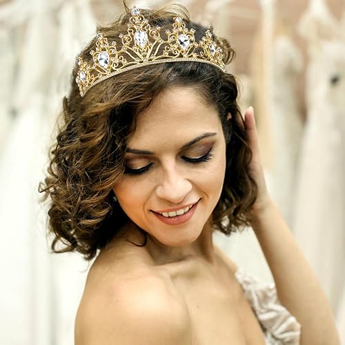 Miniatura 7 de AHONEY Tiara dorada y corona para mujer, corona de reina real de cristal, diadema de novia con diamantes de imitación, tiaras de princesa para