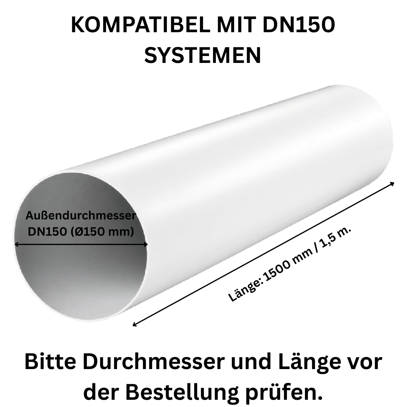 Tubo rotondo in PVC per sistema di ventilazione, diametro 100-125-150mm, lunghezza 0,5-1-1,5m, tubo per aspirazione e scarico, canale di ventilazione ABS in plastica bianca, canale rotondo, sistema di