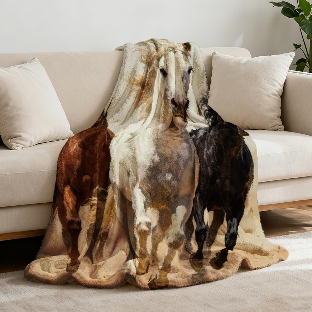 GLOBLELAND Horse Running Throw Blanket 59 x 51 Three Running Horses Throw Blankets Animal Theme Blanket for Home Sofa Travel Adult Women Men Comfort Warmth Soft Cozy