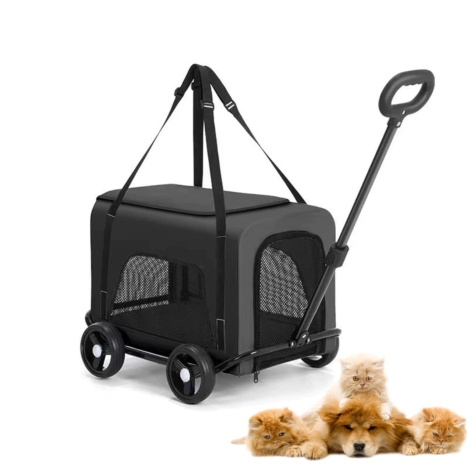 Poussette chien pliable noire à 4 roues et avec une poignée réglable