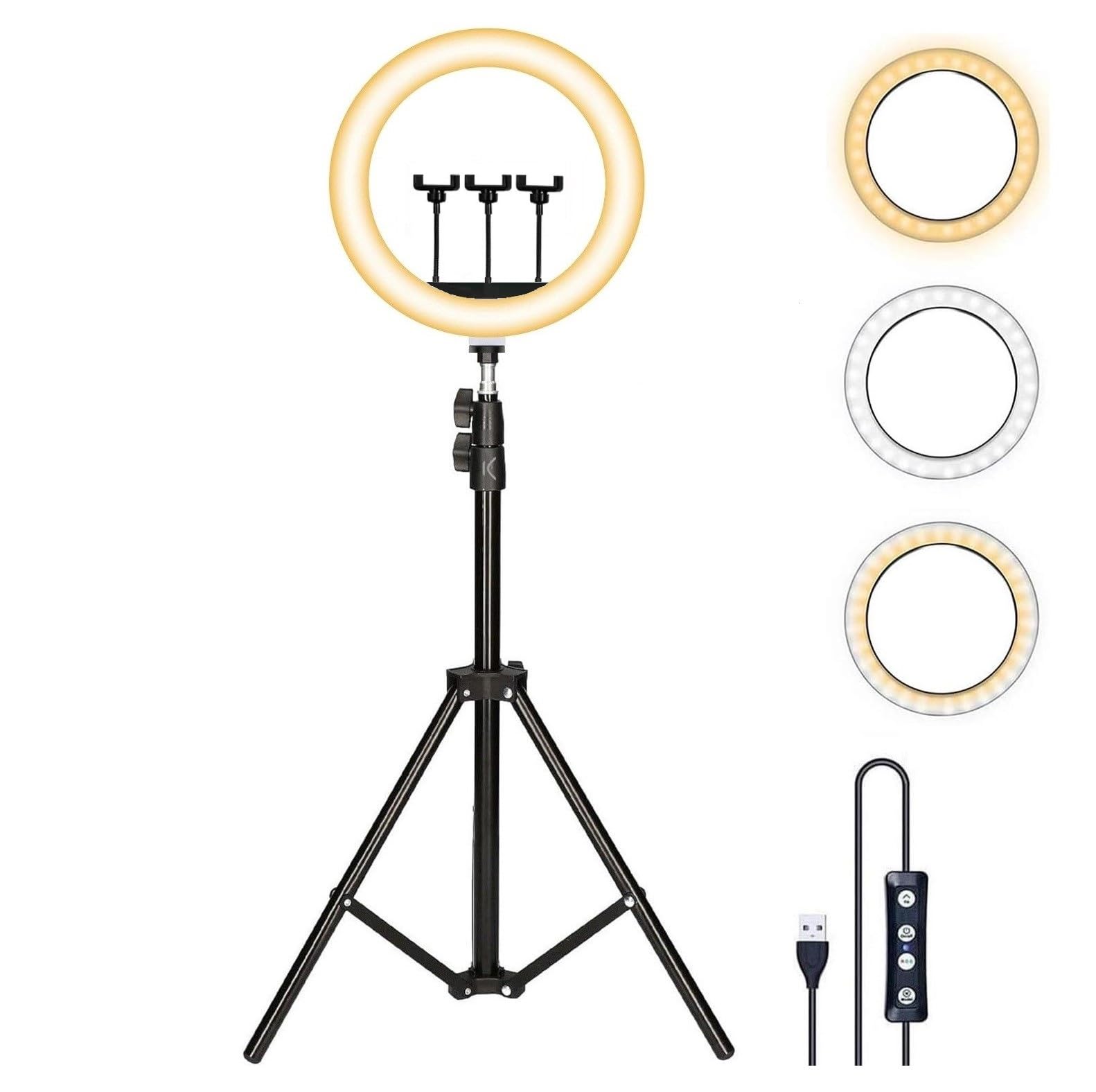 Aro de Luz Grande 36cm 14" de diámetro con Trípode Regulable Desde 55 cm hasta 200cm, 3 Soportes para Móvil, 3 Modos de Luz y 10 Niveles de Brillo