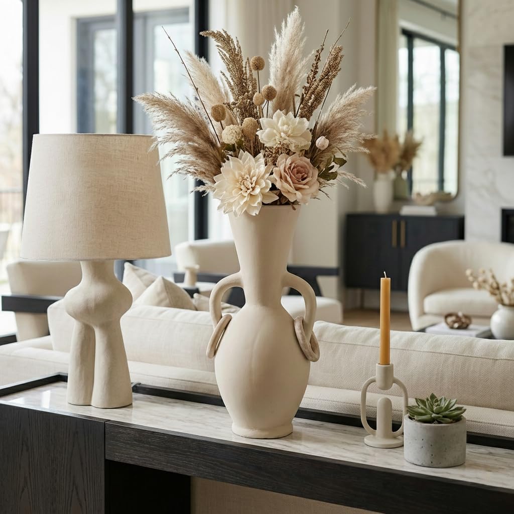 Timeless Ecomix Vase with Handles for Living Room Decor - Elongated Home Accent for House, Room and Bedroom Styling - Decorative Flower Vase for Office, and Table Centerpiece - 18", Ivory & Tan