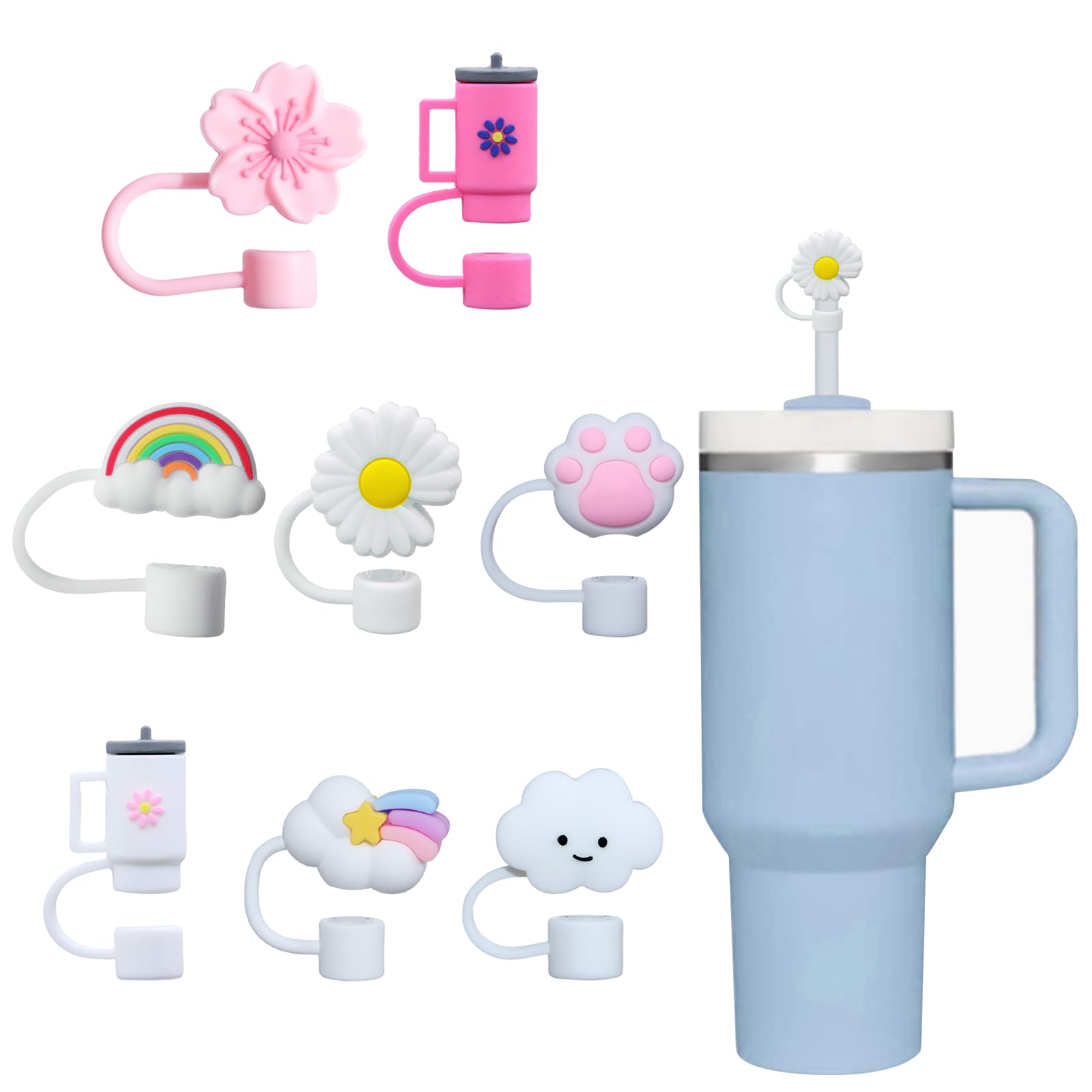 8PCS Cute Silicone Straw Toppers & Dust-Proof Covers for Stanley Cup, Reusable 10mm Straw Caps - Fit 40/30 Oz Tumbler Accessories, Ideal for Daily Use, Office & Outings (6White+2Pink)