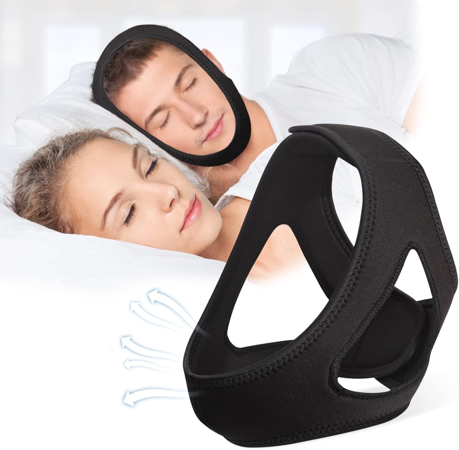 Anti Snore Chin Strap, Chin Strap for CPAP Users, Snore Stopper with Adjustable Velcro, Breathable Chin Strap, Comfortable Anti Snoring Devices Chin Strap for Men and Women to Stop Snoring - Black