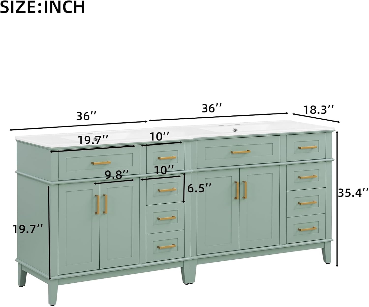 72" Bathroom Vanity with Double Sink, Free Standing Bathroom Vanity with Soft Close Cabinet Door, Flip Out & Classic Storage Drawers, Smooth Ceramic Sink for two people bathroom, Light Green