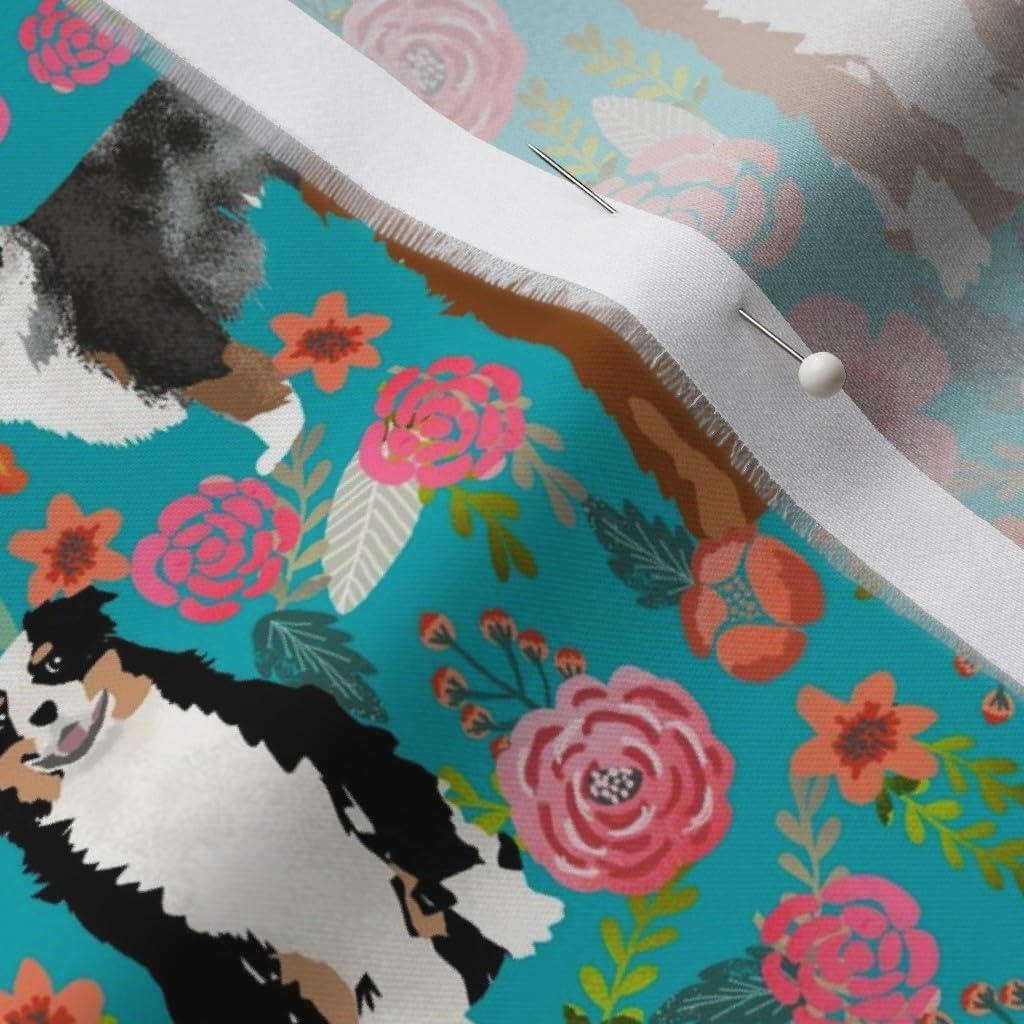 Spoonflower Fabric - Australian Shepherd Dogs Floral Cute Aussie Dog Vintage Flowers Printed on Petal Signature Cotton Fabric by The Yard - Sewing Quilting Apparel Crafts Decor
