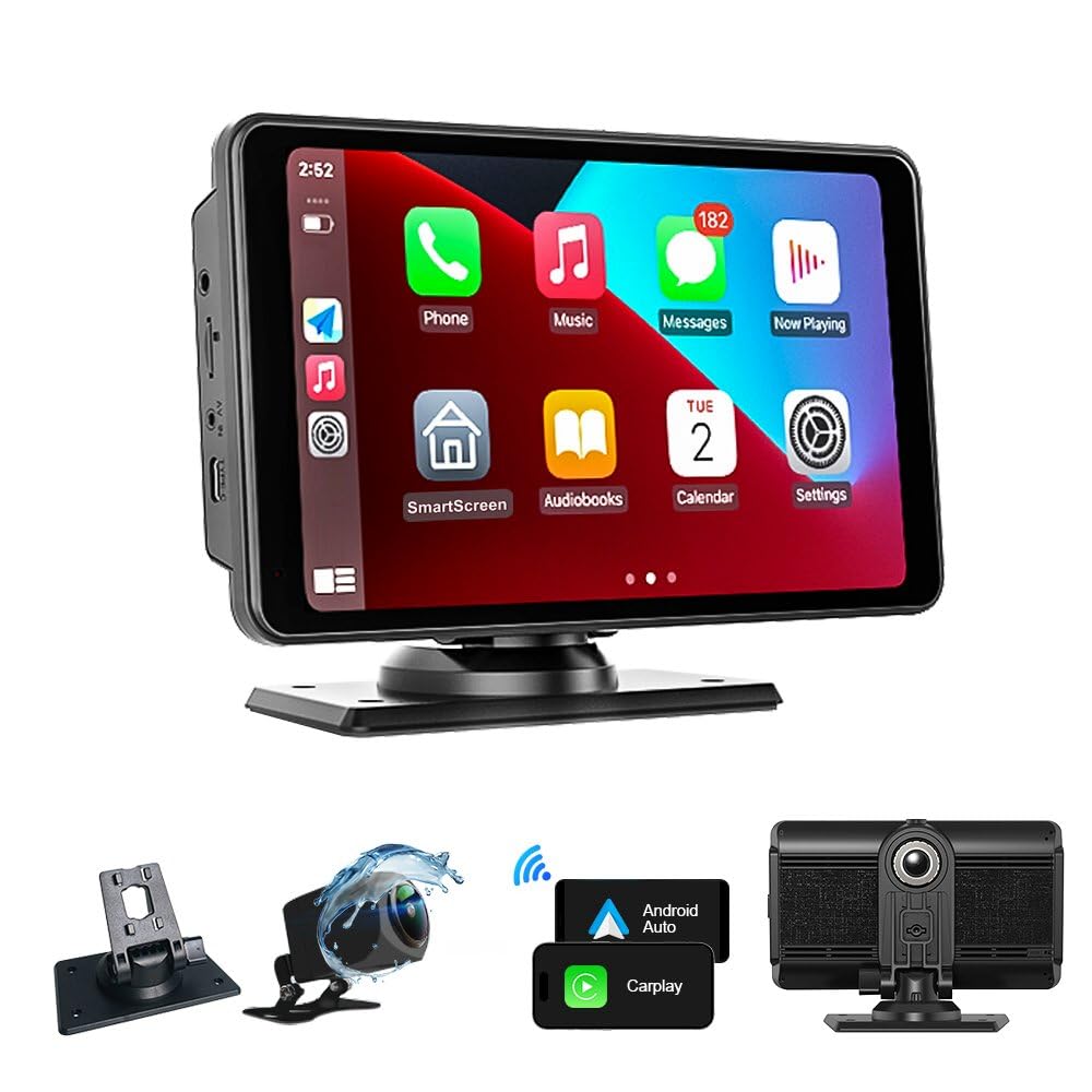 Wireless Car Stereo for Apple Carplay & Android Auto with Backup Camera, OTA, 7” Touch Screen Portable Car Tablet, GPS Navigation,Voice Control, Bluetooth, Mirror Link, FM, AUX