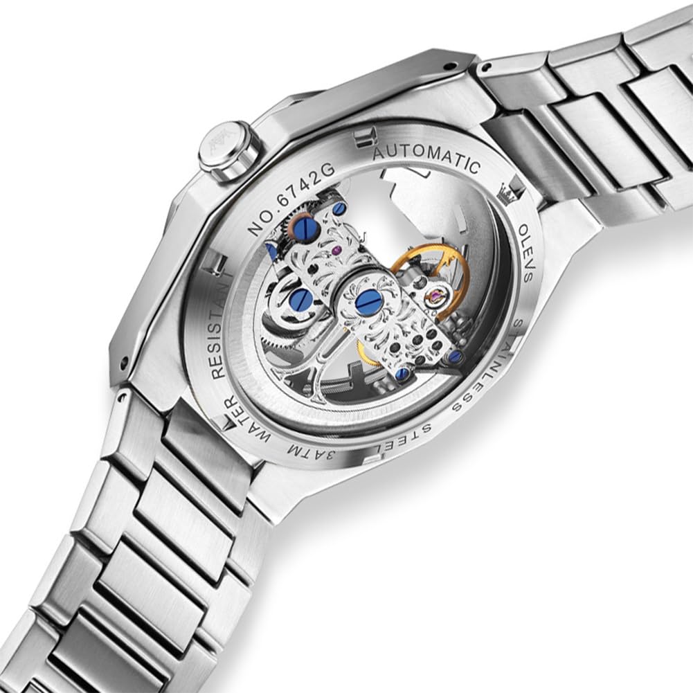 OLEVS Montre squelette automatique pour hommes montres mécaniques de luxe | Montre-bracelet à remontage automatique, sans pile, acier inoxydable, étanche 3TM, montre de sport, 42 mm