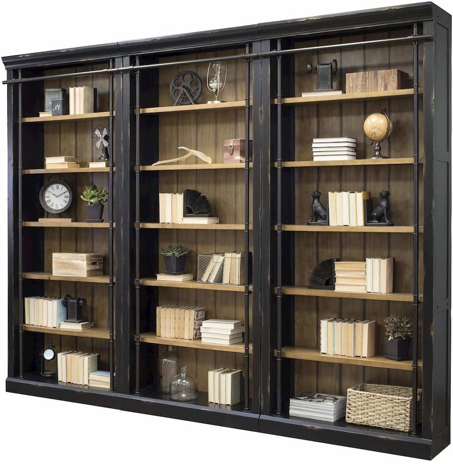 Starlight Toulouse Three 8-Foot Tall Bookcase Wall with Ladder, 120" W, 12 Adjustable, 3 Fixed Shelves, Steel Frame, Black